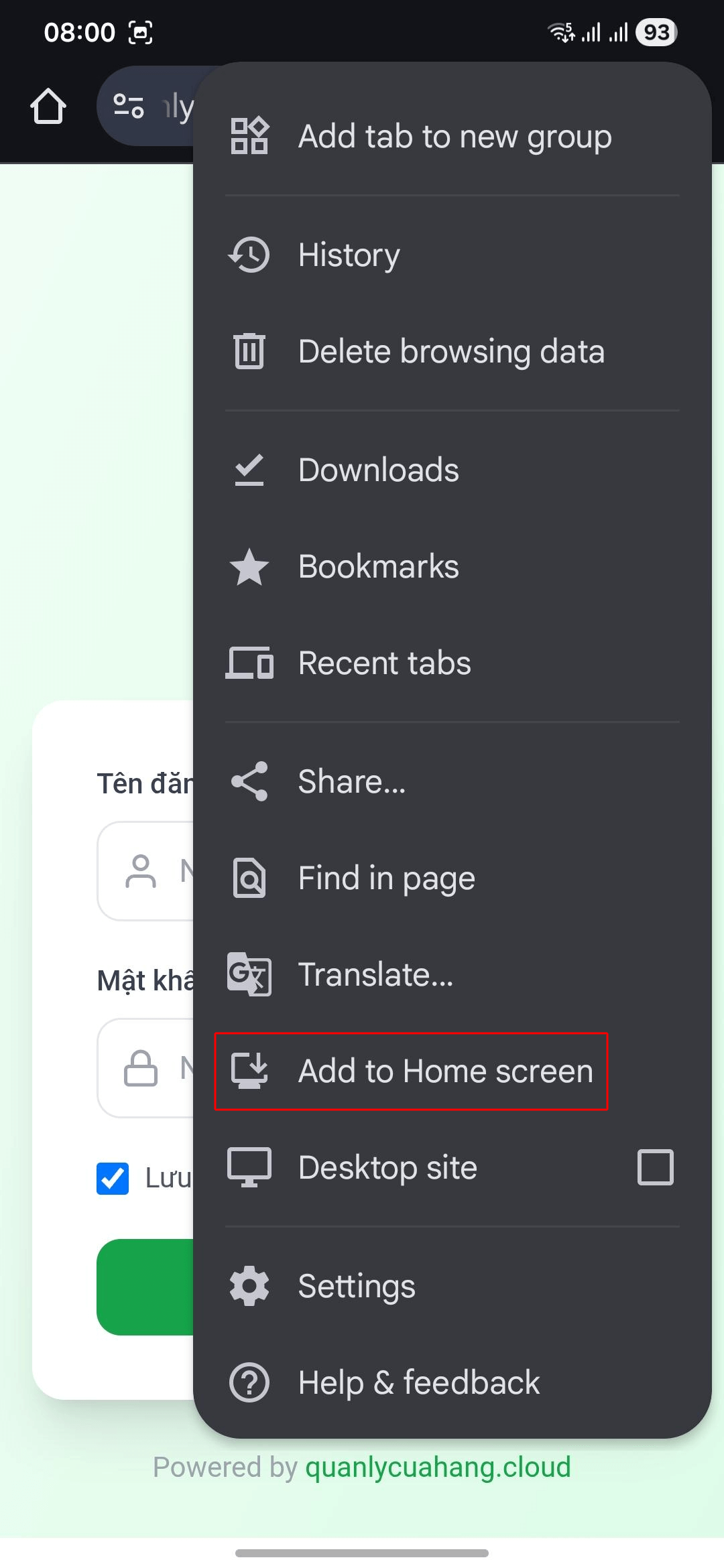 Bước 2: Chọn Add to Home screen