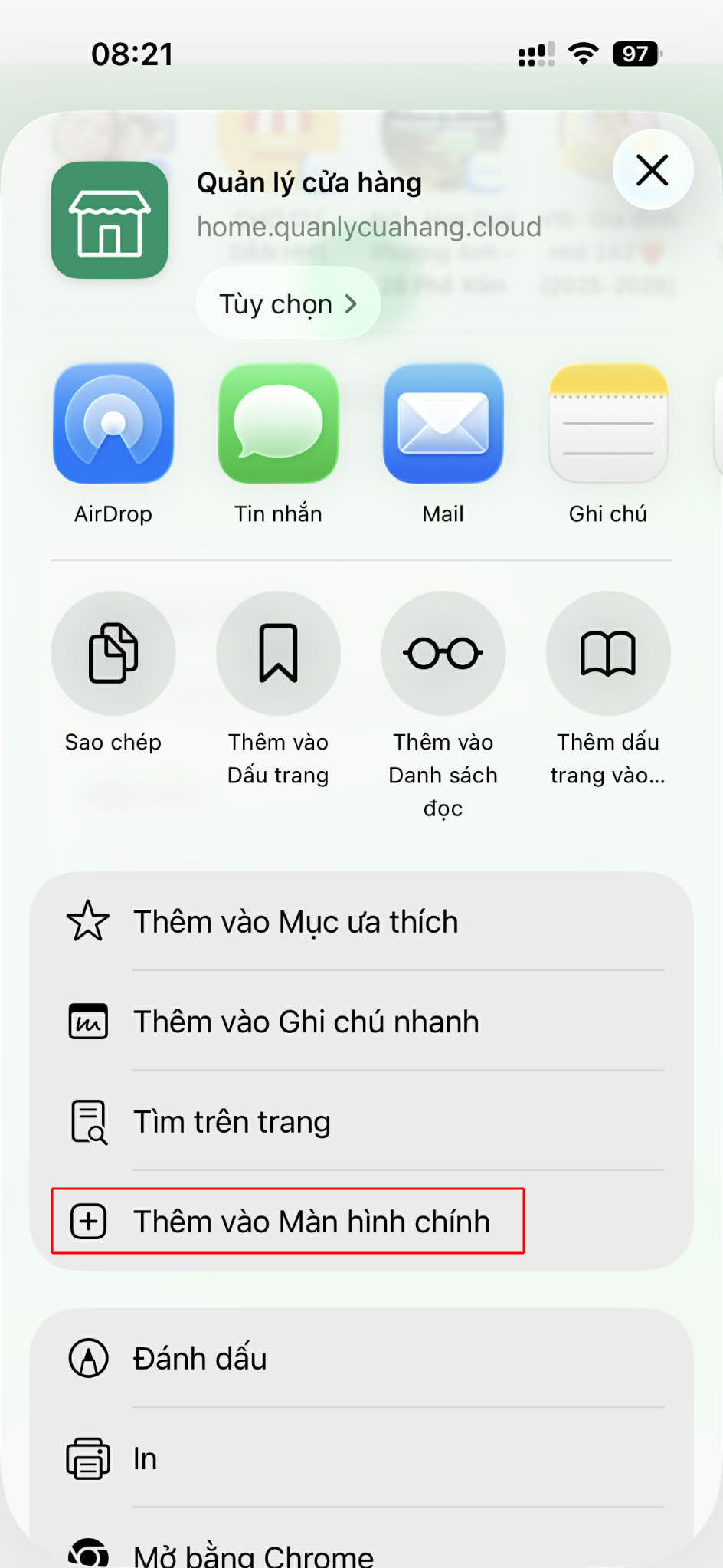 Bước 3: Chọn Thêm vào Màn hình chính